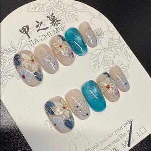 Aqua Blue with Floral Press On Nails